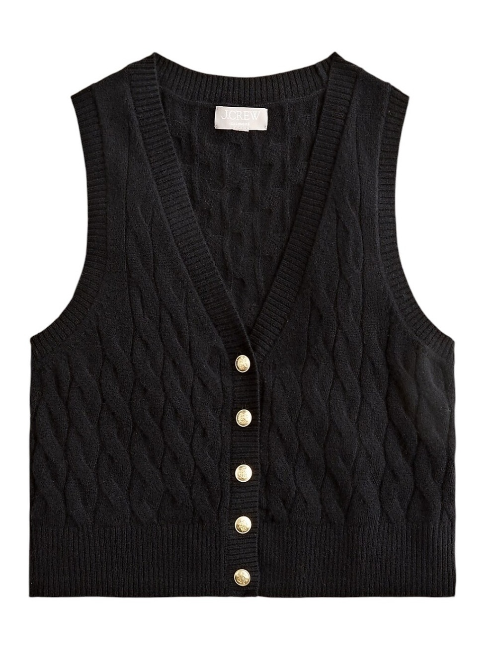 J. Crew Cashmere Cropped Cable Knit Sweater Vest S Black Gold Buttons Layering